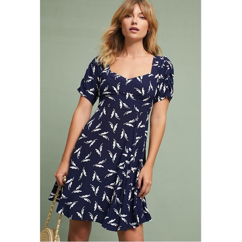 Anthropologie Maeve Fern Ruched Dress Size 4 Navy Retro Rockabilly Cottagecore - Picture 1 of 11